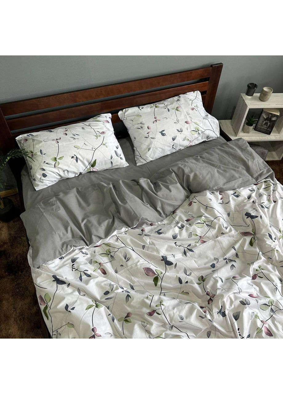 Постельное белье хлопковое Веточка на сером Евро Простынь на резинке 180x200х20 Бязь Белое 50 х 70 No Brand (364261442)