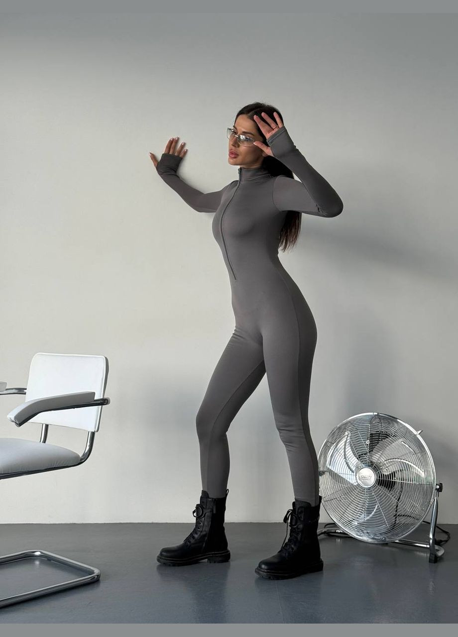 Безшовний комбінезон в рубчик на флісі Vakko комбінезон-брюки однотонний графітовий спортивний, повсякденний, кежуал трикотаж з начосом