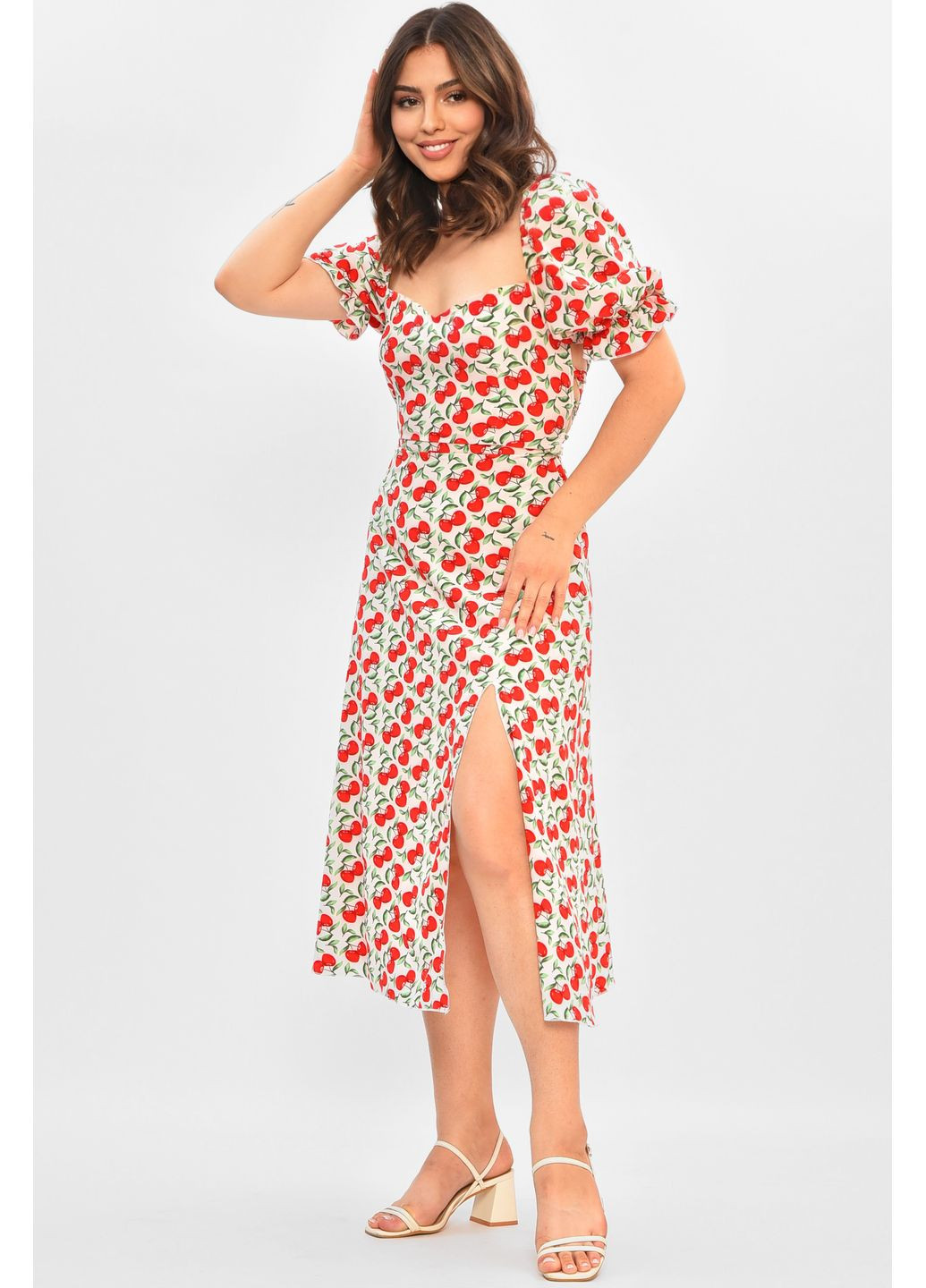 Молочна джинсова сукня жіноча молочного кольору з принтом з баскою Let's Shop з малюнком