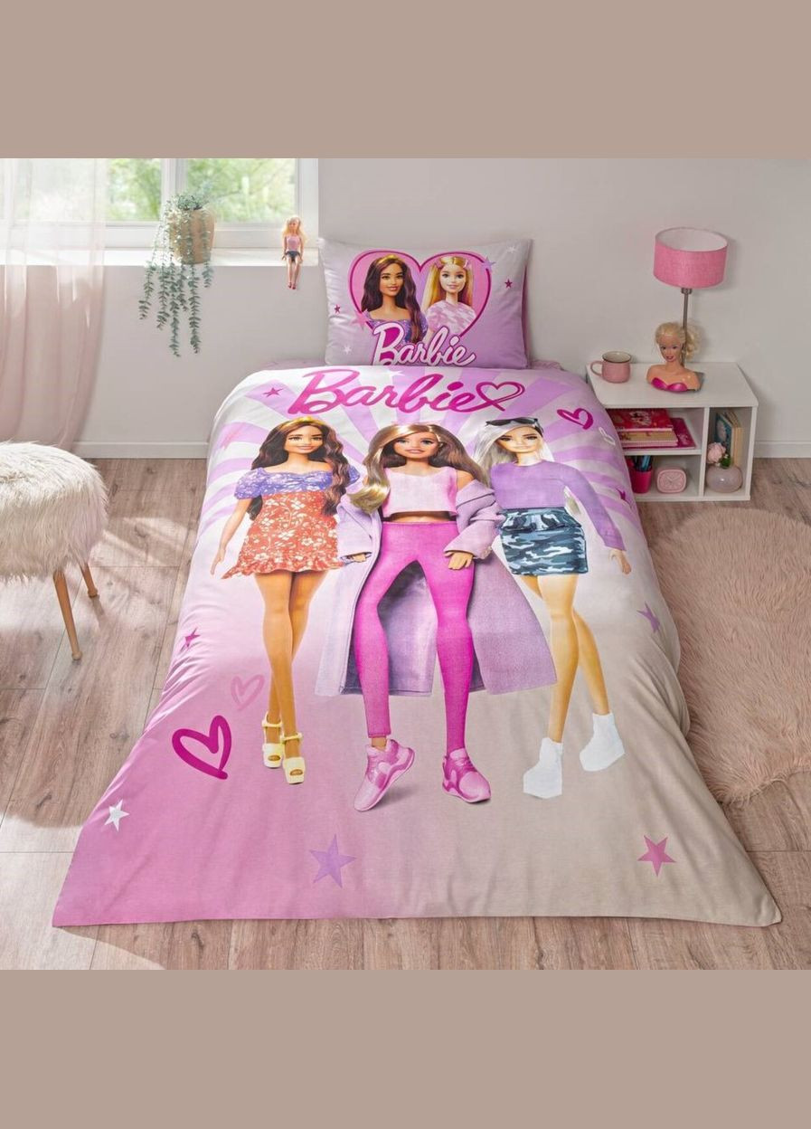Дитяча постільна білизна полуторна з простирадлом на резинці Ранфорс Барбі Barbie Shine T40713 Tac (324771323)