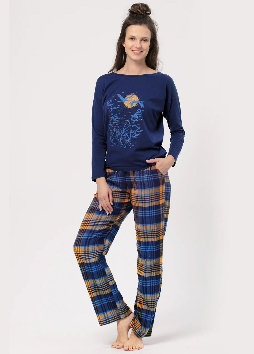 Синяя зимняя женская пижама с фланелевыми штанами lns 937 кофта + брюки Key
