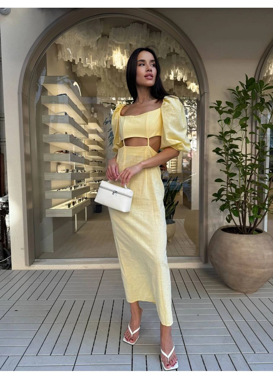 Жовтий жіноча довга лляна сукня з рукавом ліхтариком (like14181) Like fashion