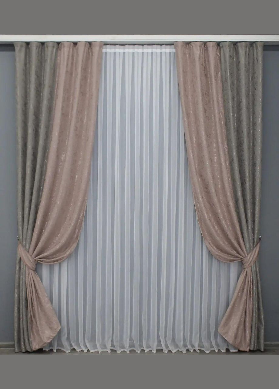 Штори для спальні 2 шт Штори 1,5 х 2,7 м + тюль 4 х 2,7 м Коричневий (П4К-014дк (1176-1174ш)) No Brand (306633875)