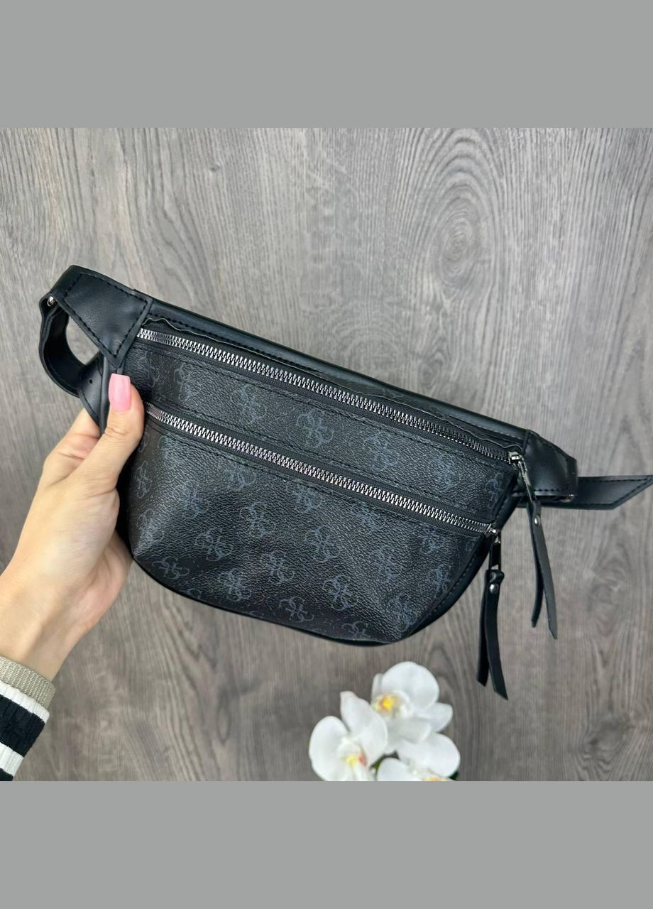 Модна жіноча сумка-бананка з екошкіри з геометричним візерунком чорна (sku_1687) No Brand (330575560)