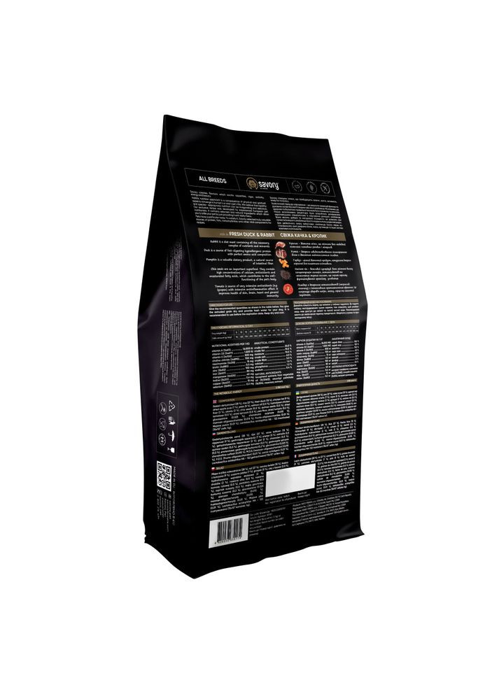 Сухой корм для собак всех пород, со свежей уткой и кроликом, 12 кг. Savory (362700998)