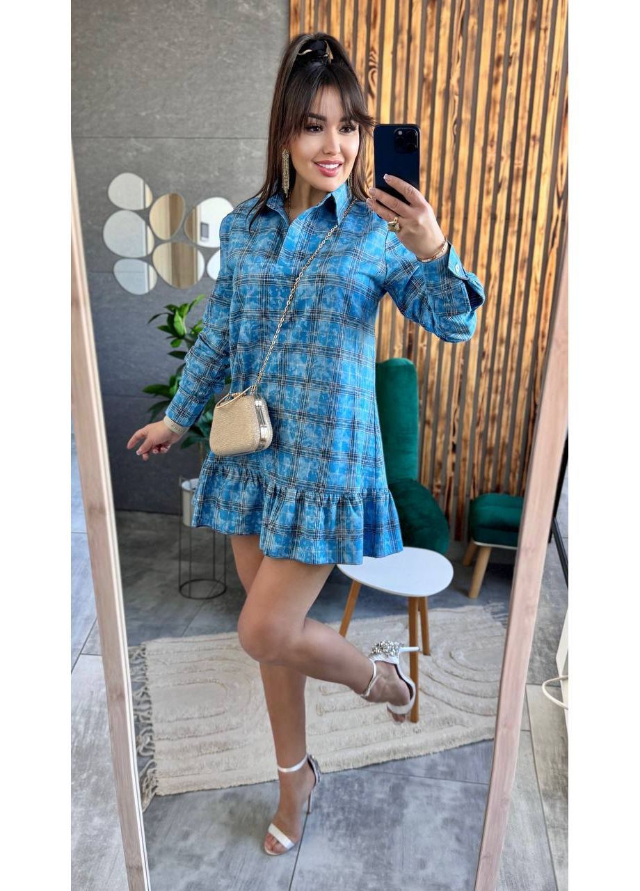 Голубое стильное платье с эффектной съемной баской Vakko в клетку