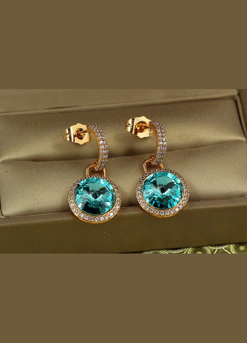 Серьги подвески Сваровски Романс с голубыми камнями 2,8 см золотистые Xuping Jewelry (329153762)