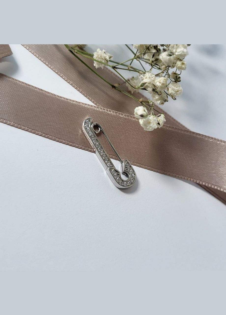 Срібна брошка шпилька булавка з Білим камінням срібло 925 проби Родоване 1303п 1.26г No Brand (306741464)