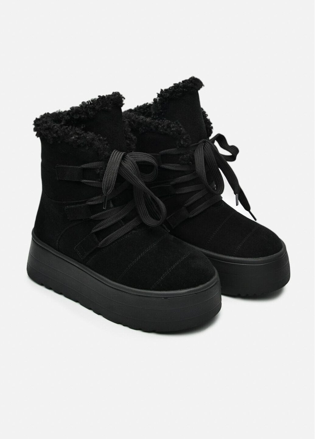 Жіночі високі зимові чорні замшеві уггі на шнурівці з хутряною опушкою на високій підошві (відшив 3 дні) Paradize (368755138)
