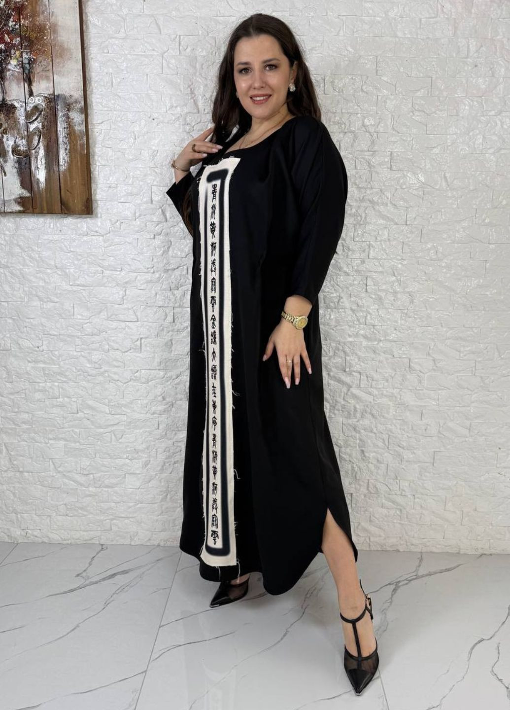 Чорна повсякденний вишукана вільна повсякденна максі сукня з орнаментом спереду та рукавами 3/4 Tik-Tak з орнаментом