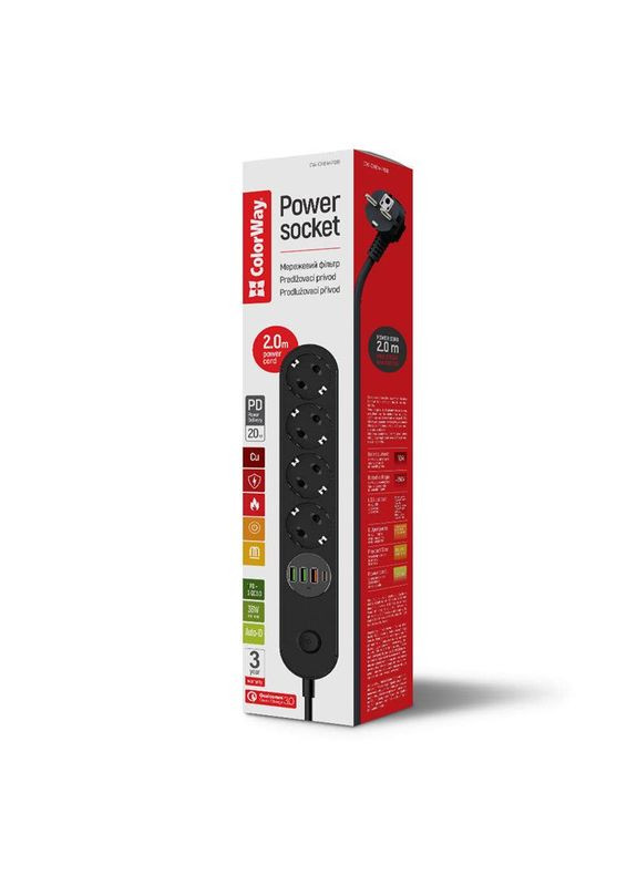 Фильтр питания CW-CHE44PDB 4 розетки, 4USB (Type-C PD20W + 3USB QC3.0) (45W), 2м, Black Colorway (336958752)