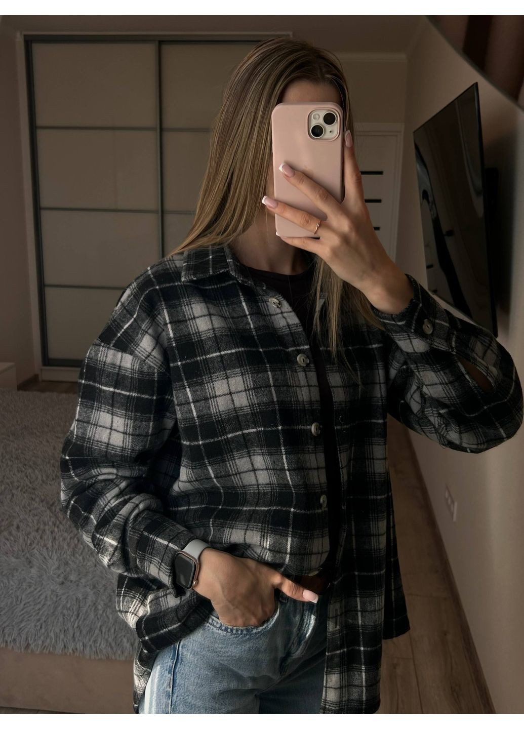 Серая повседневный рубашка в клетку DK/DL Мода без кордонів с длинным рукавом