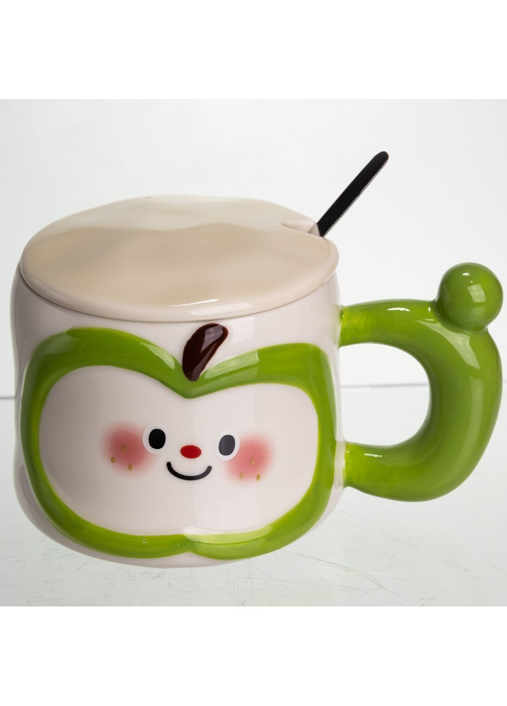 Чашка фарфоровая Cute Apple 400 мл с крышкой и ложкой, зеленый FM-25A No Brand (368641395)