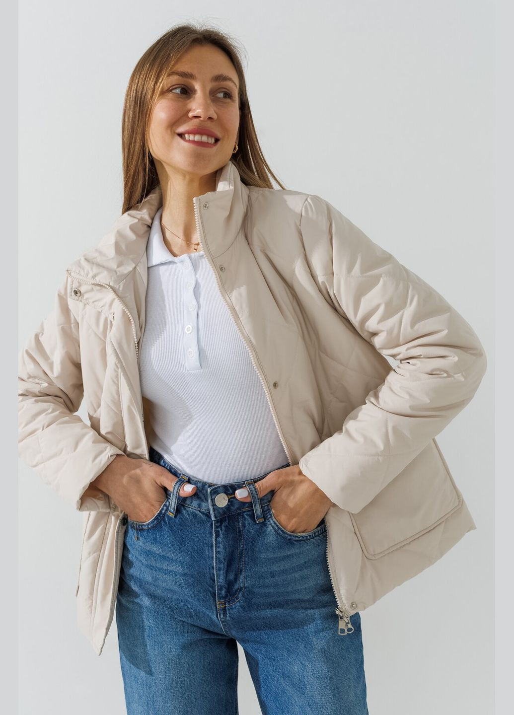 Светло-бежевая демисезонная куртка однотонная женская on me 23822 светло-бежевый shop (2000990317971) No Brand