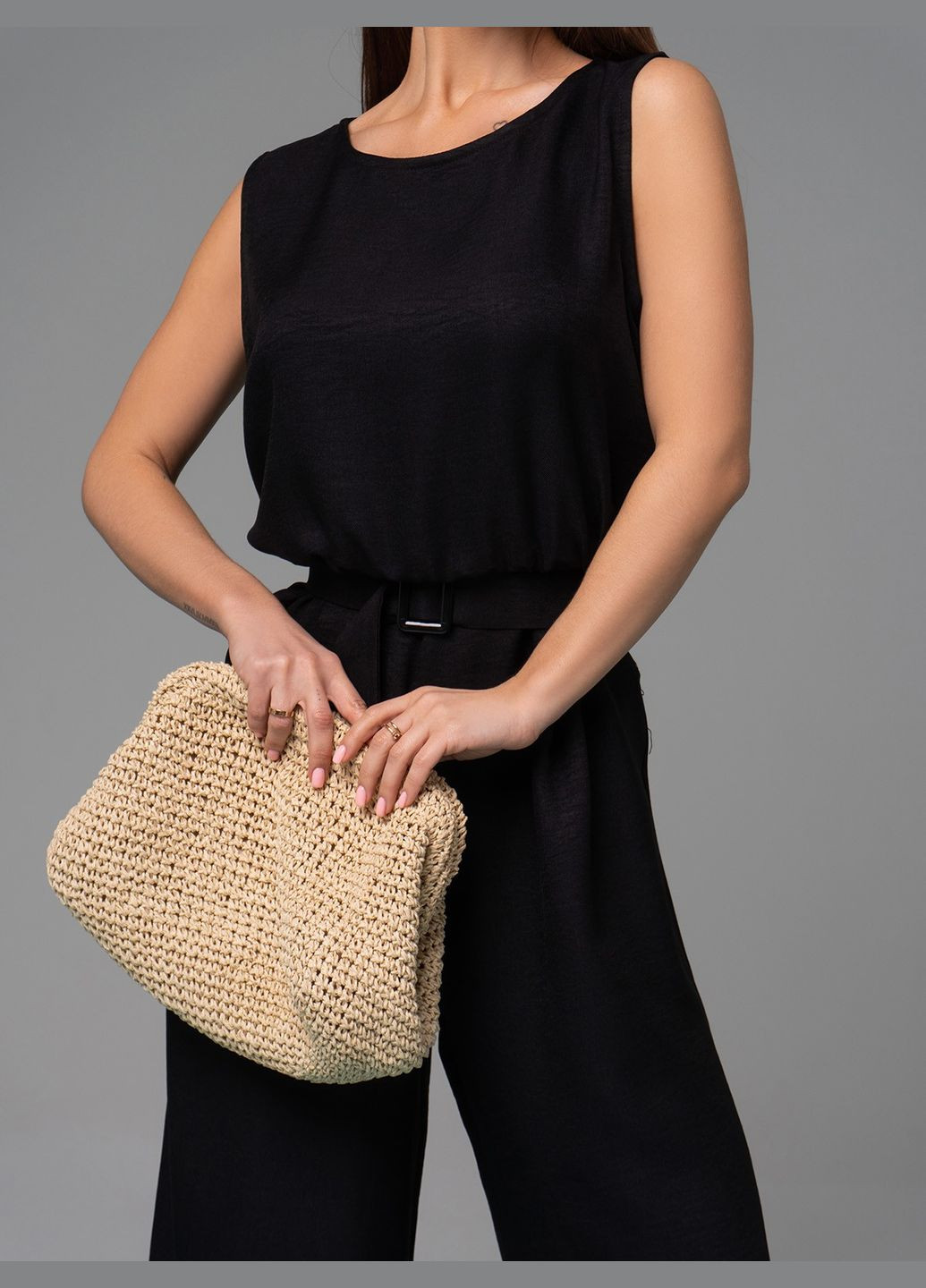 Стильный комбинезон из текстурированного льна No Brand комбинезон-брюки чёрный праздничный, коктейльный, деловой, повседневный, кэжуал, вечерний лен