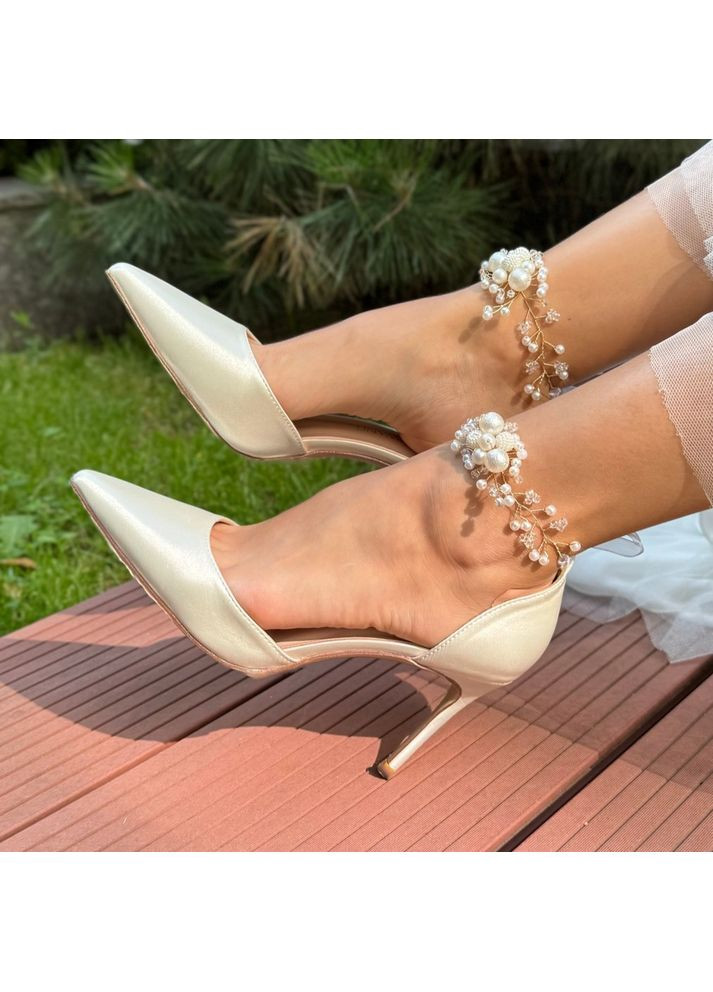 No Brand Жіночі туфлі весільні атласні з ремінцем перли 5,5 см білий з текстиль, — (351394636)