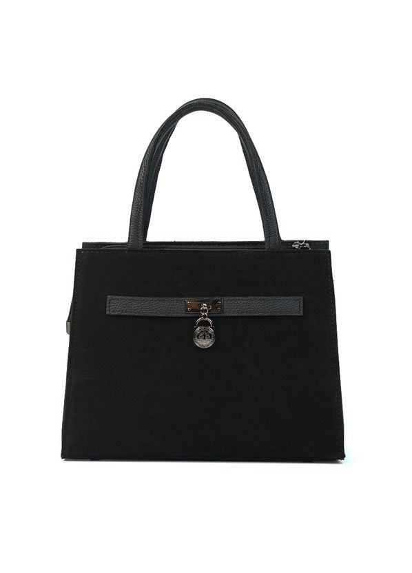 Чорна замшева шкіряна жіноча ділова каркасна сумка саквояж з ручками та довгим знімним ремінцем Serebro (315370741)