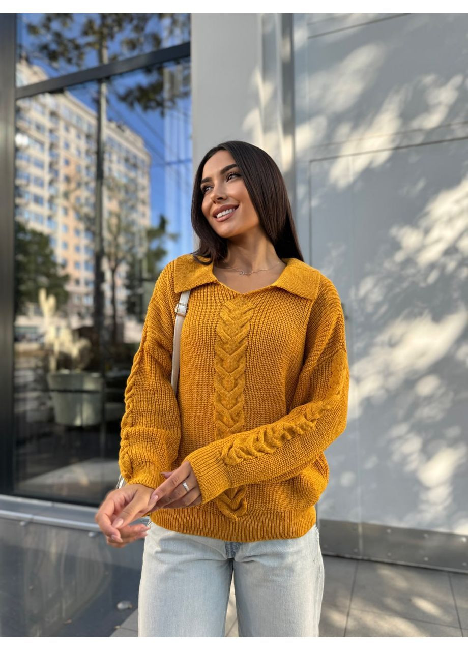 Горчичный демисезонный женская кофточка с отложным воротником джемпер No Brand