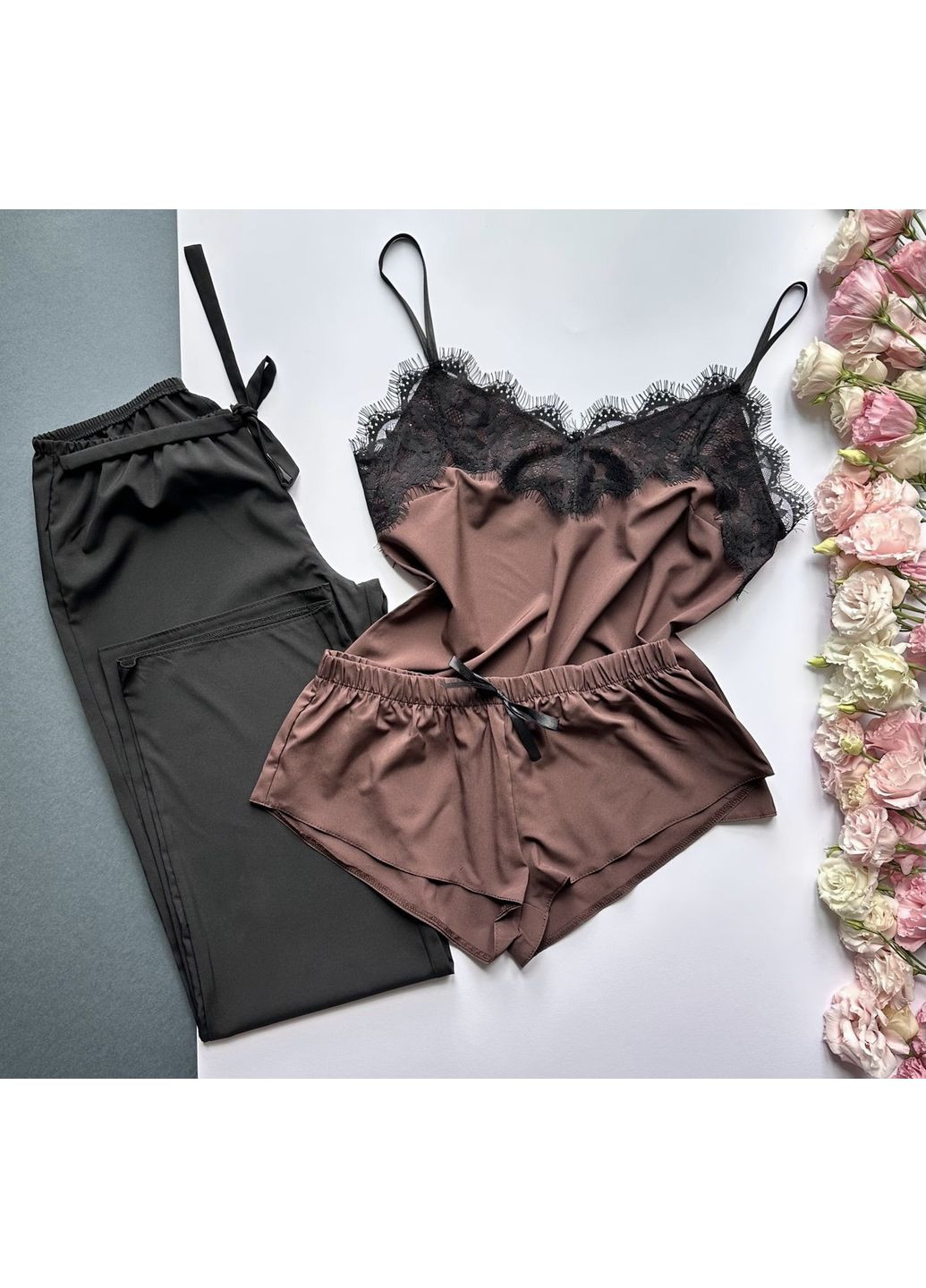 Коричневая всесезон женская пижама, комплект для дома майка + шорты + брюки Exclusive