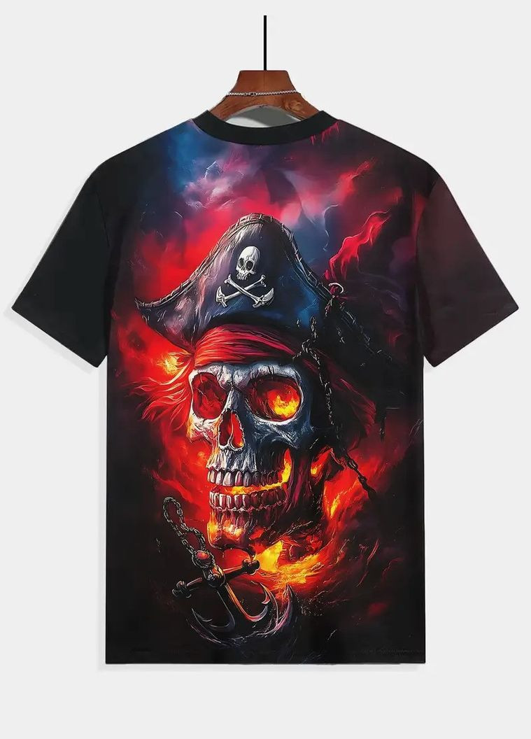 Комбинированная футболка мужская 3d принт череп капитана пиратов в огне термо дышащая летняя xl 54 No Brand
