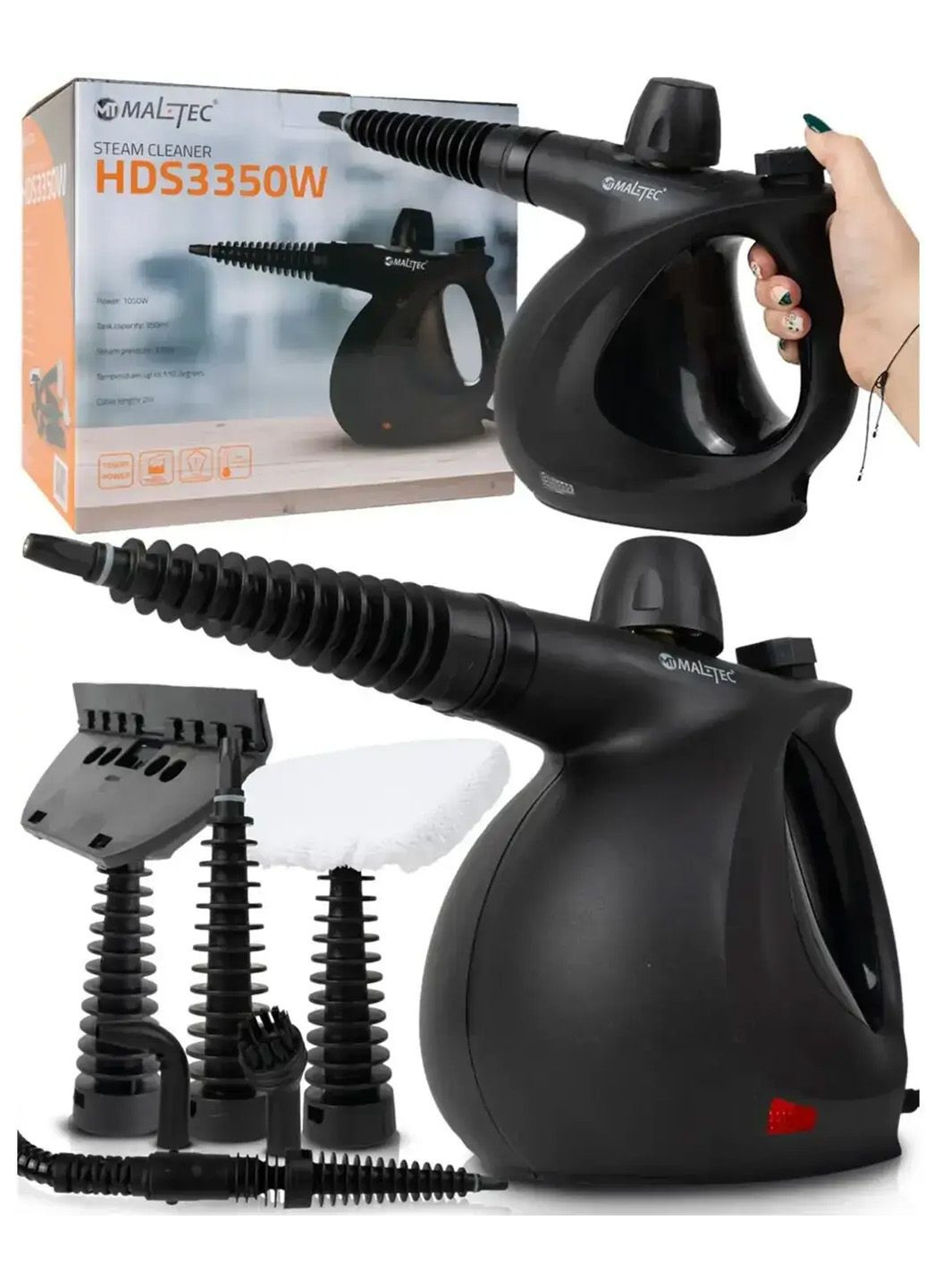 Ручний пароочисник для дому 1050 Вт Паровий очисник мережевий з насадками 350 мл чищення парою Польща Maltec HDS3350W (345707459)