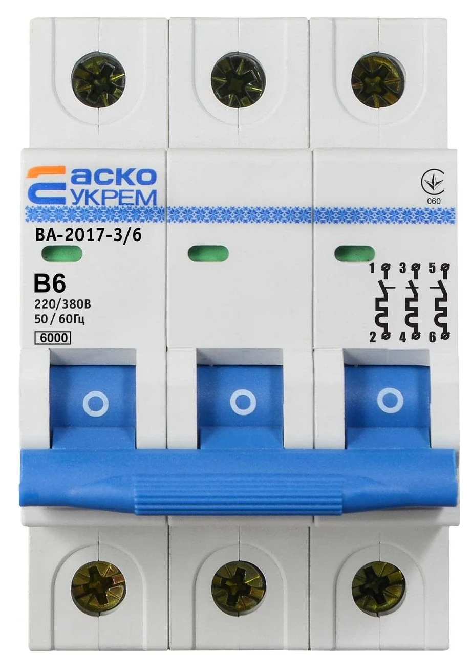 Автоматический выключатель УКРЕМ ВА-2017/B 3р 6А, высокая защита от перегрузок, DIN-рейка Аско-Укрем (384244711)