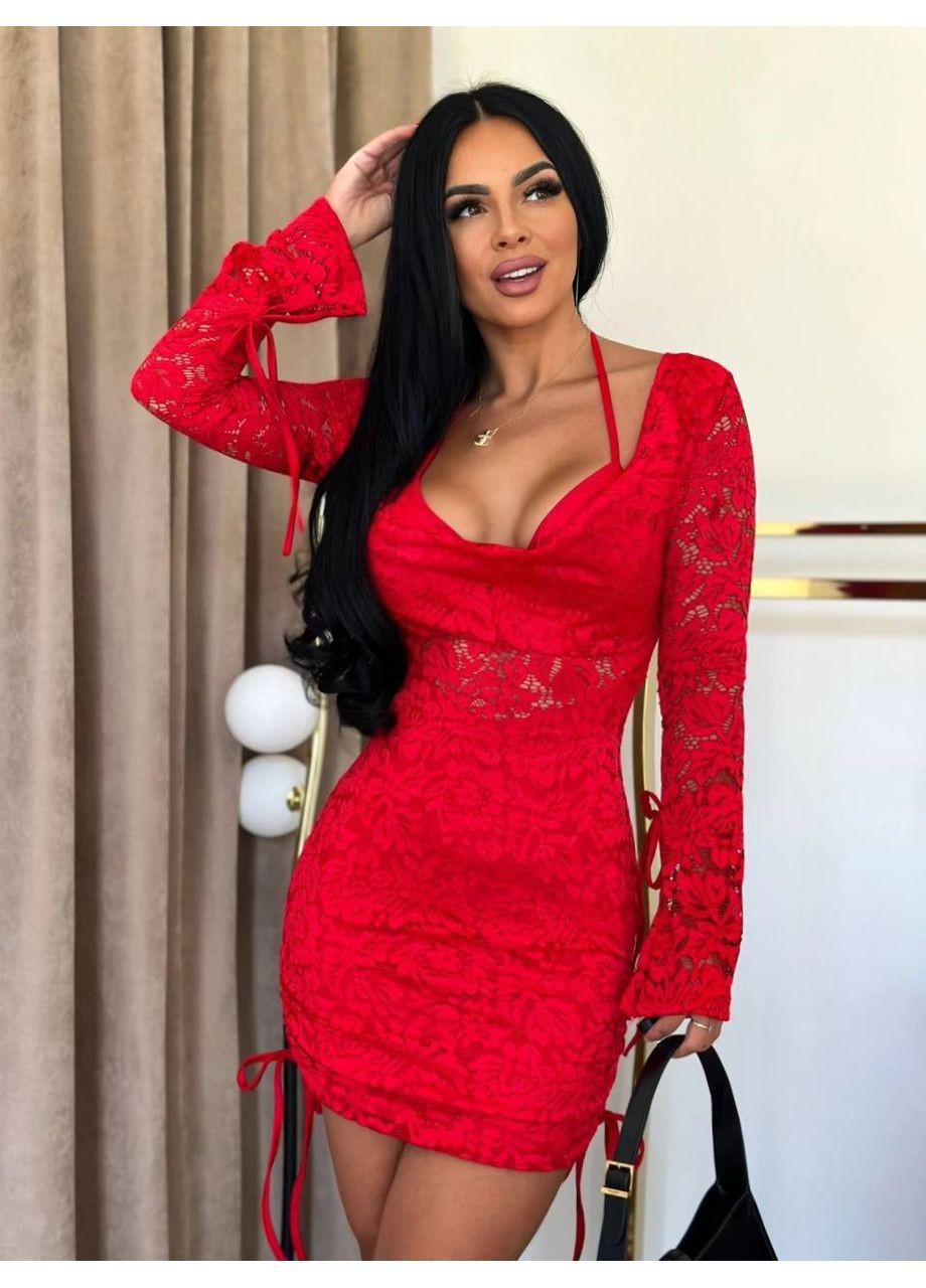 Красное элегантное кружевное платье на завязках No Brand
