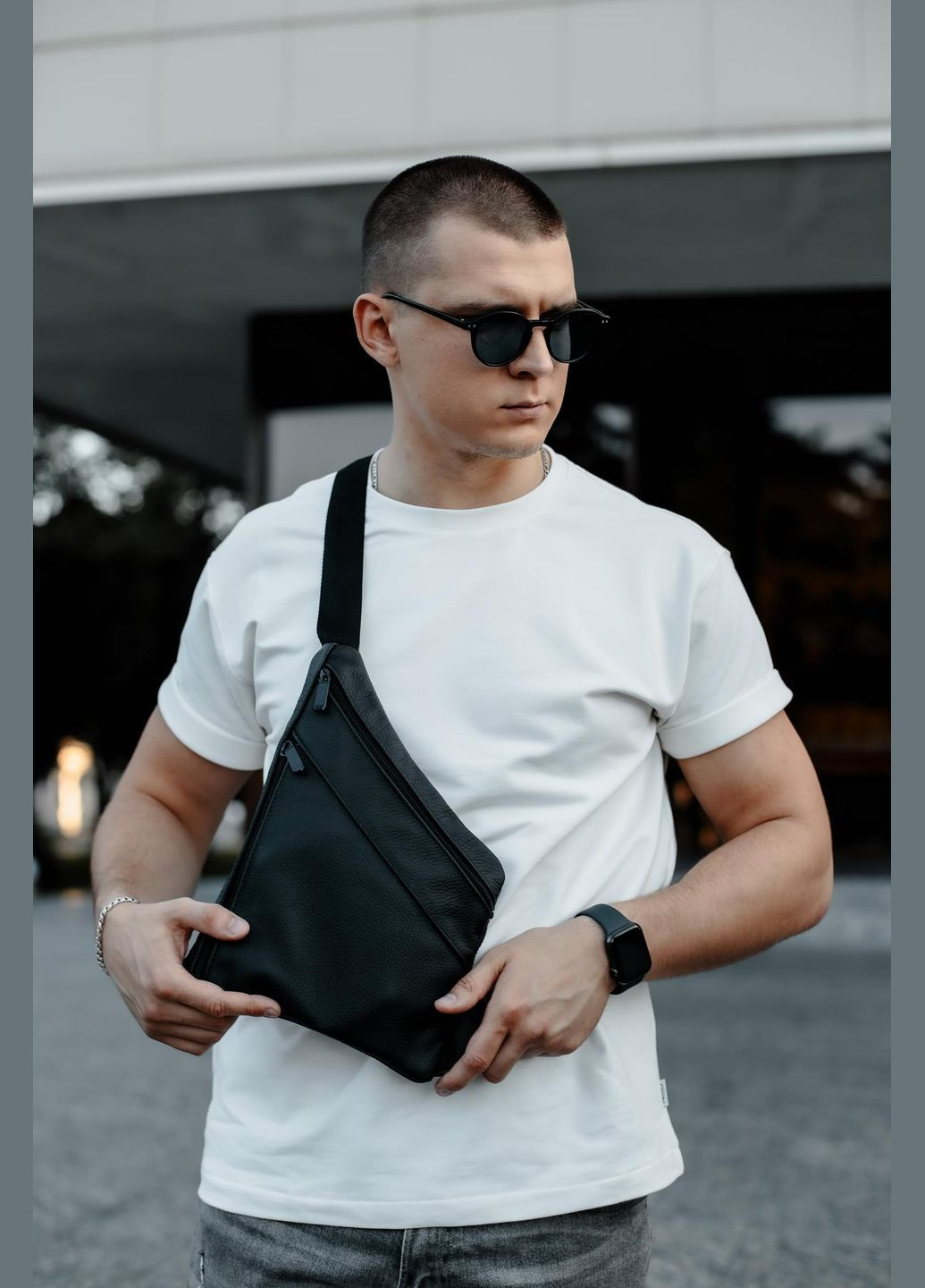 Сумка-слинг из натуральной кожи, сумка через плечо мужская SL024 (черная) No Brand (333342057)