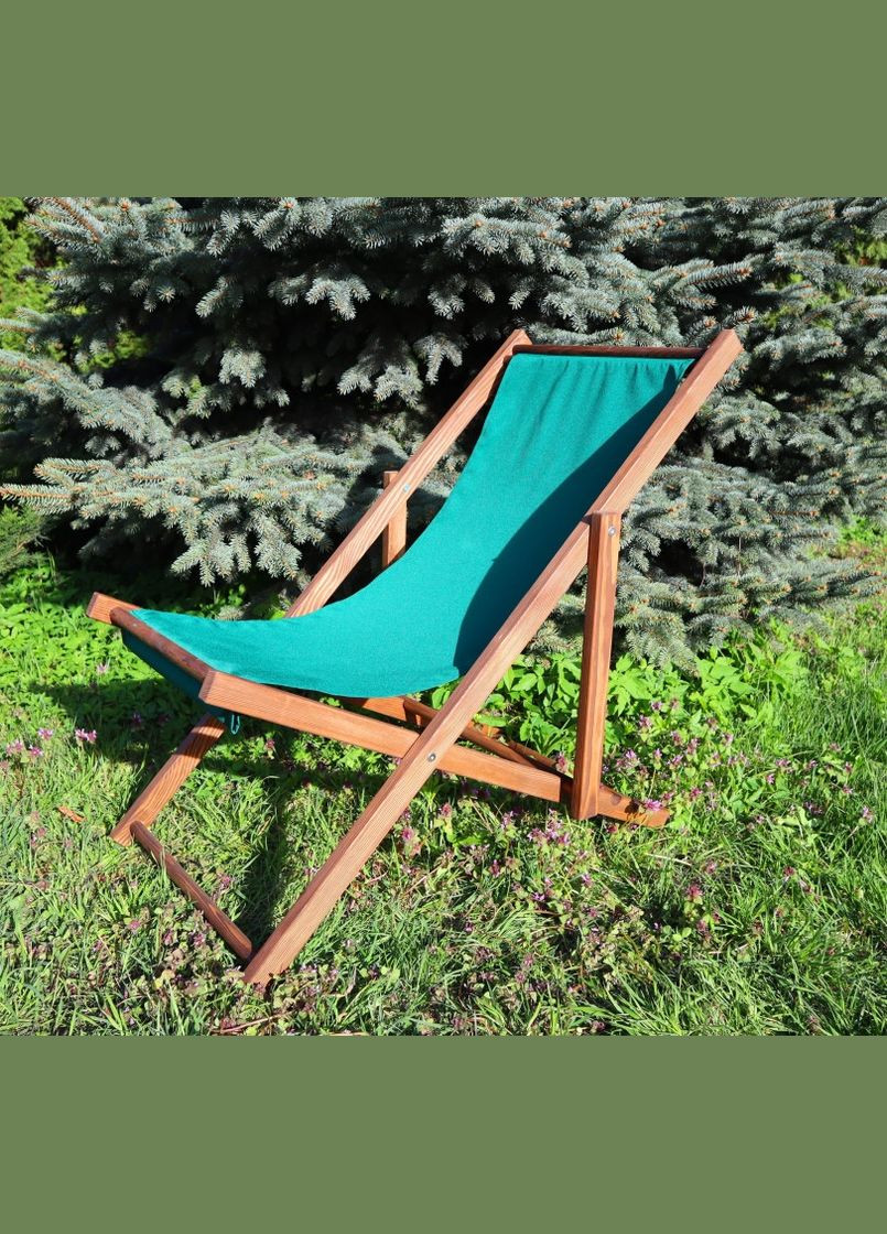 Розкладне дерев’яне крісло шезлонг з тканиною, для дачі, пляжу чи кафе. Зелений, колір каркасу: Коричневий No Brand (316257316)