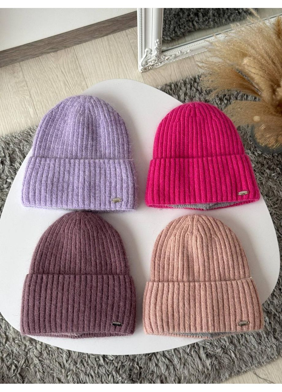 Тепла шапка ангорка в стилі лопатка. В’язана шапка з подвійним відворотом на повном флісе No Brand (362917677)