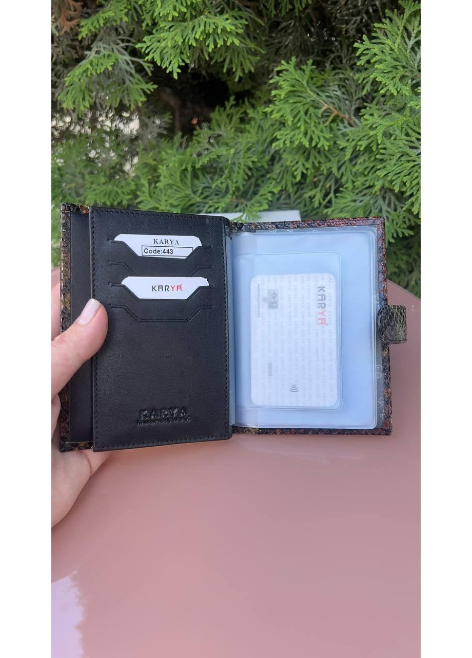 Кожаный кошелек для автодокументов Турция на кнопке коричнево-зеленый питон удобно вмещает права, техпаспорт, карточки Karya (348357383)