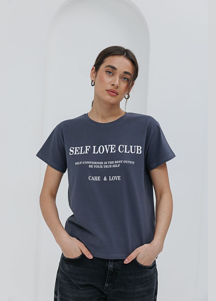 Серая летняя женская футболка с принтом self love club Arjen