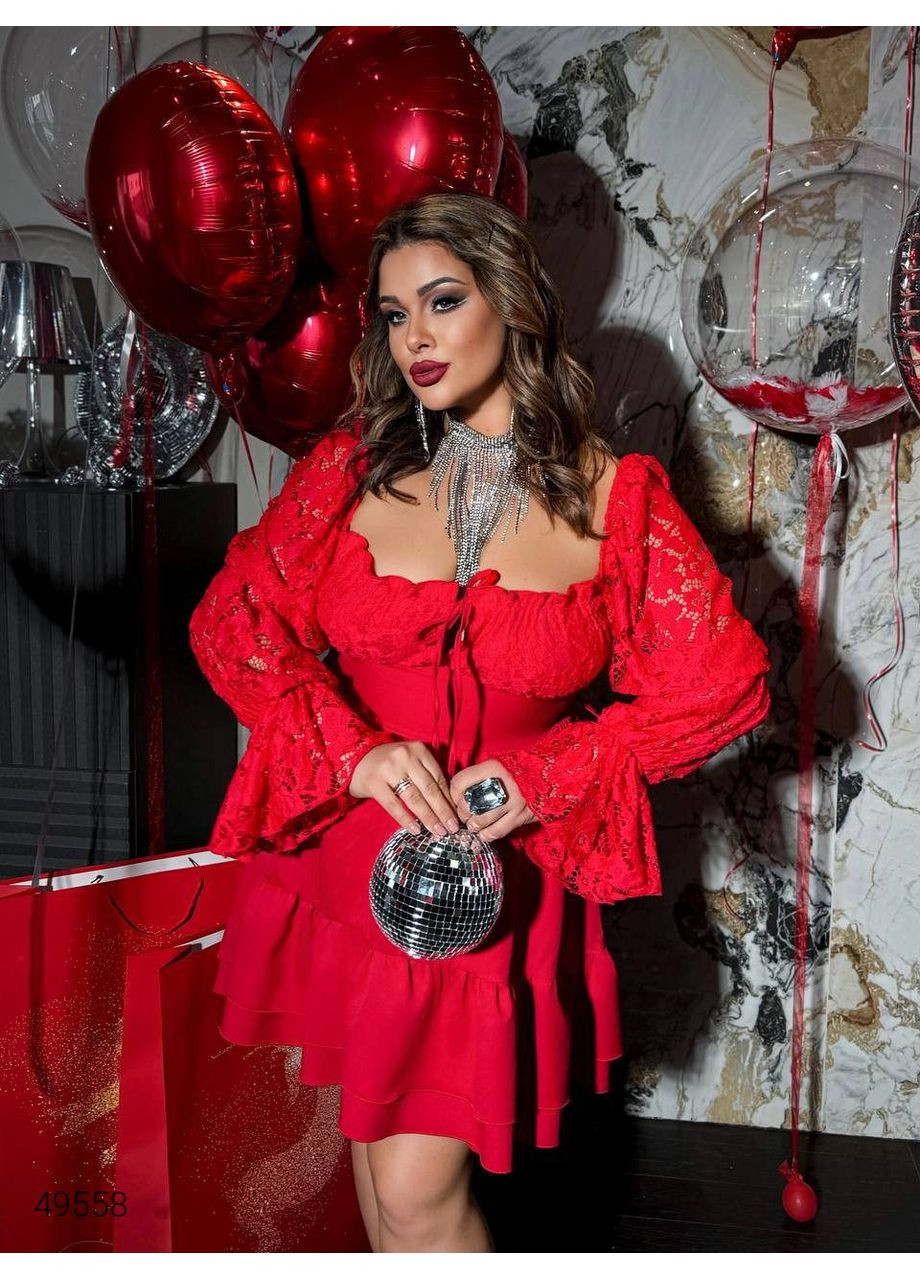 Красное вечернее платье мини с гипюровыми рукавами Byron однотонное