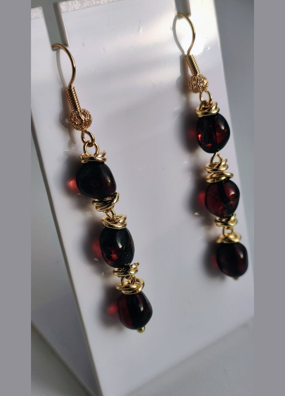 Сережки 2489 з натурального бурштину відтінок темна вишня MINOV (311310517)