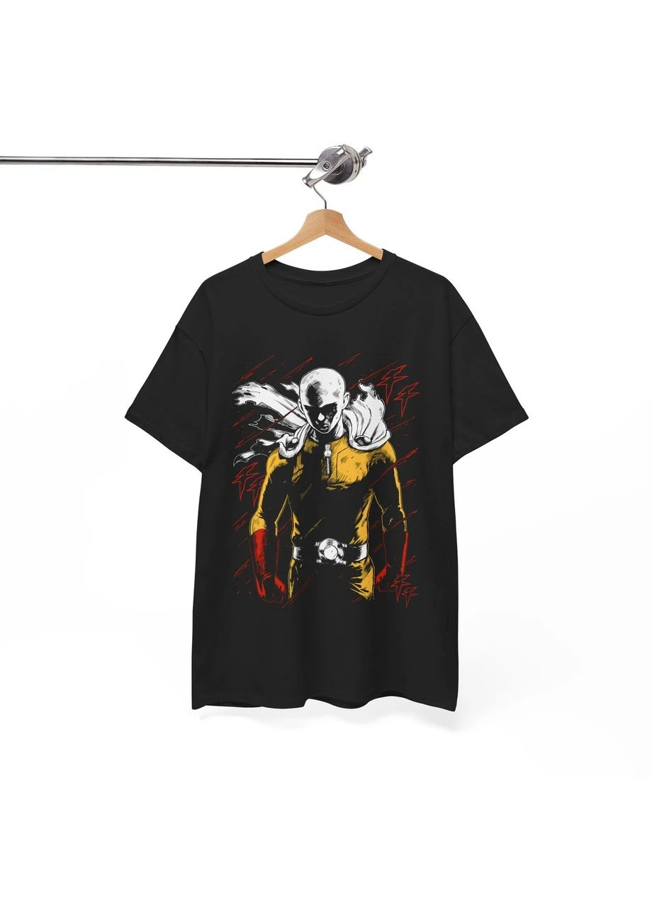 Черная футболка с аниме принтом сайтама one punch man оверсайз (s/m/l) черный animej0482 No Brand