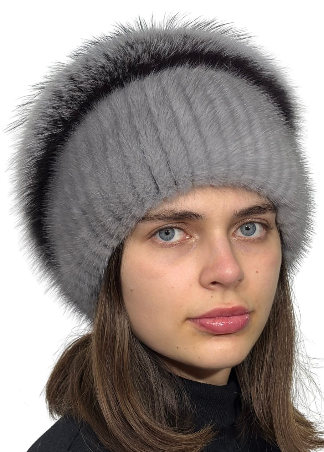 Жіноча зимова шапка із в'язаного хутра норки з помпоном із хутра песця Меховой Стиль Улитка (256943237)