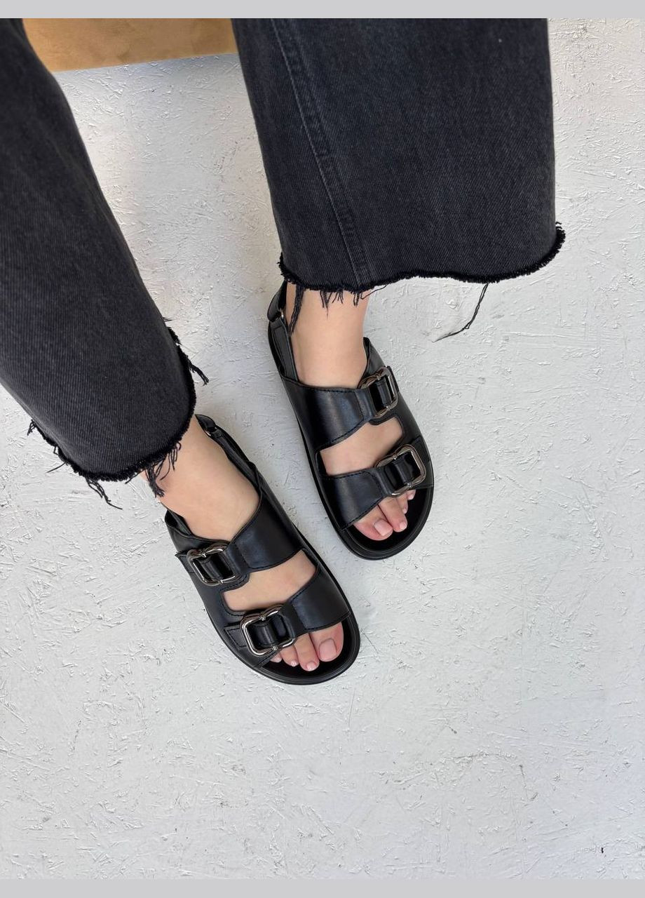 Черные босоножки из натуральной кожи шоколад No Brand на липучке