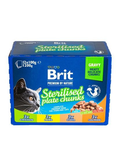 Влажный корм Cat Набор паучей семейная тарелка для стерилизованных кошек, ассорти 4 вкуса, 100 г х 12 шт Brit Premium (336327439)