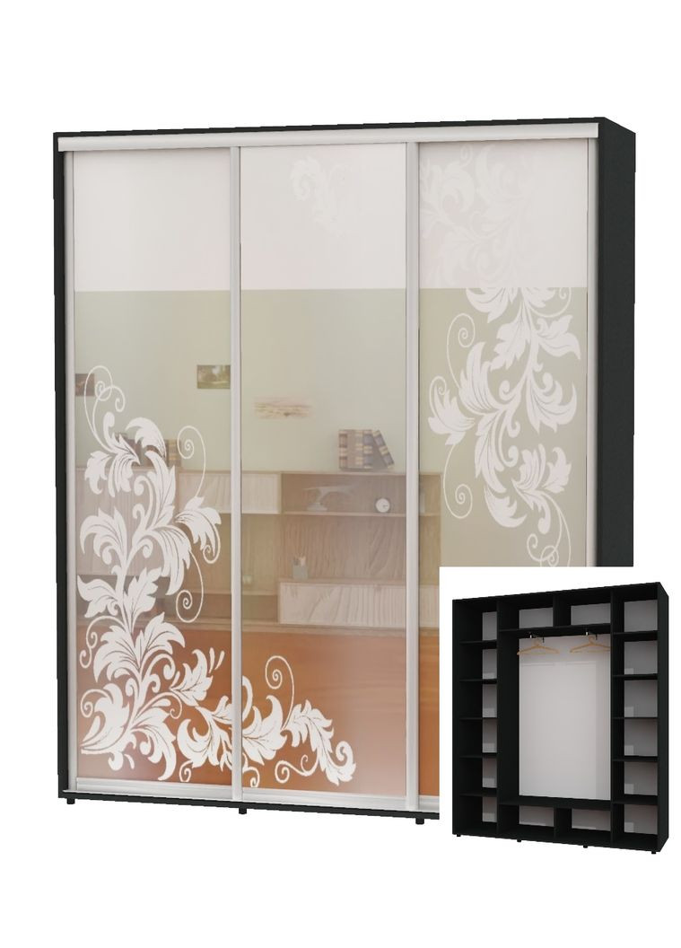 Шафа-купе тридверна 200*45*230 Антрацит Дзеркало з піскострумним малюнком ШК-05 Алекса (360449056)