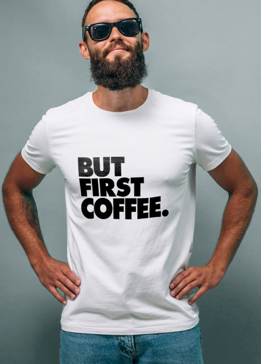 Белая футболка белая мужская "but first coffee" Ctrl+