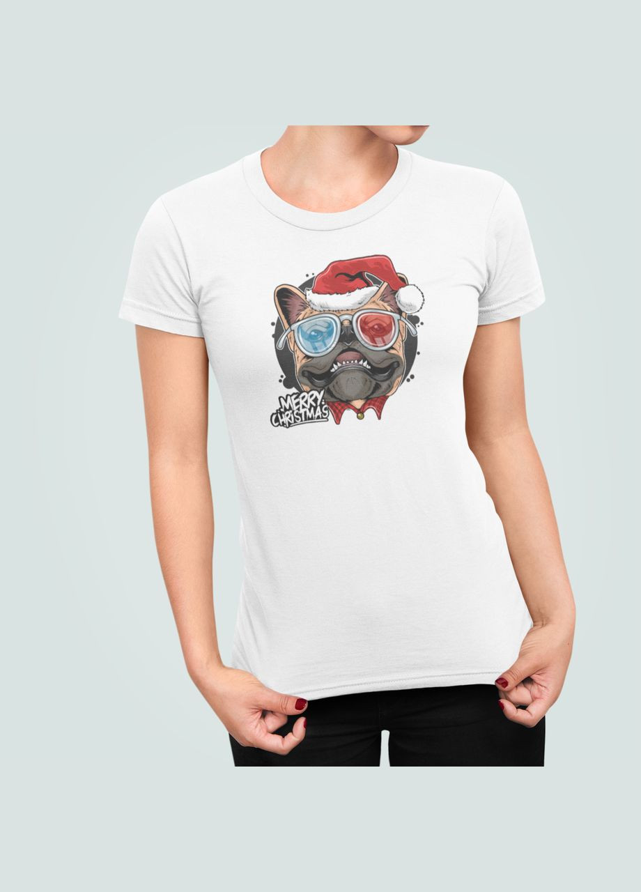 Жіноча Новорічна футболка з принтом Бульдог Новорічний в окулярах Stedman - (319693018)