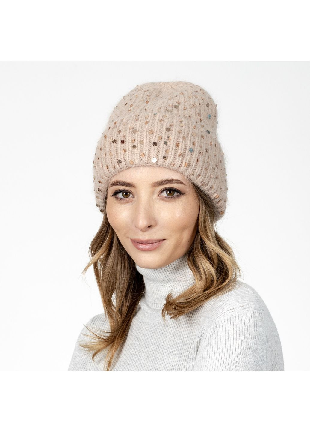 Шапка біні з паєтками жіноча ангора бежева ПІЛАЙ LuckyLOOK 580-862 (322792038)