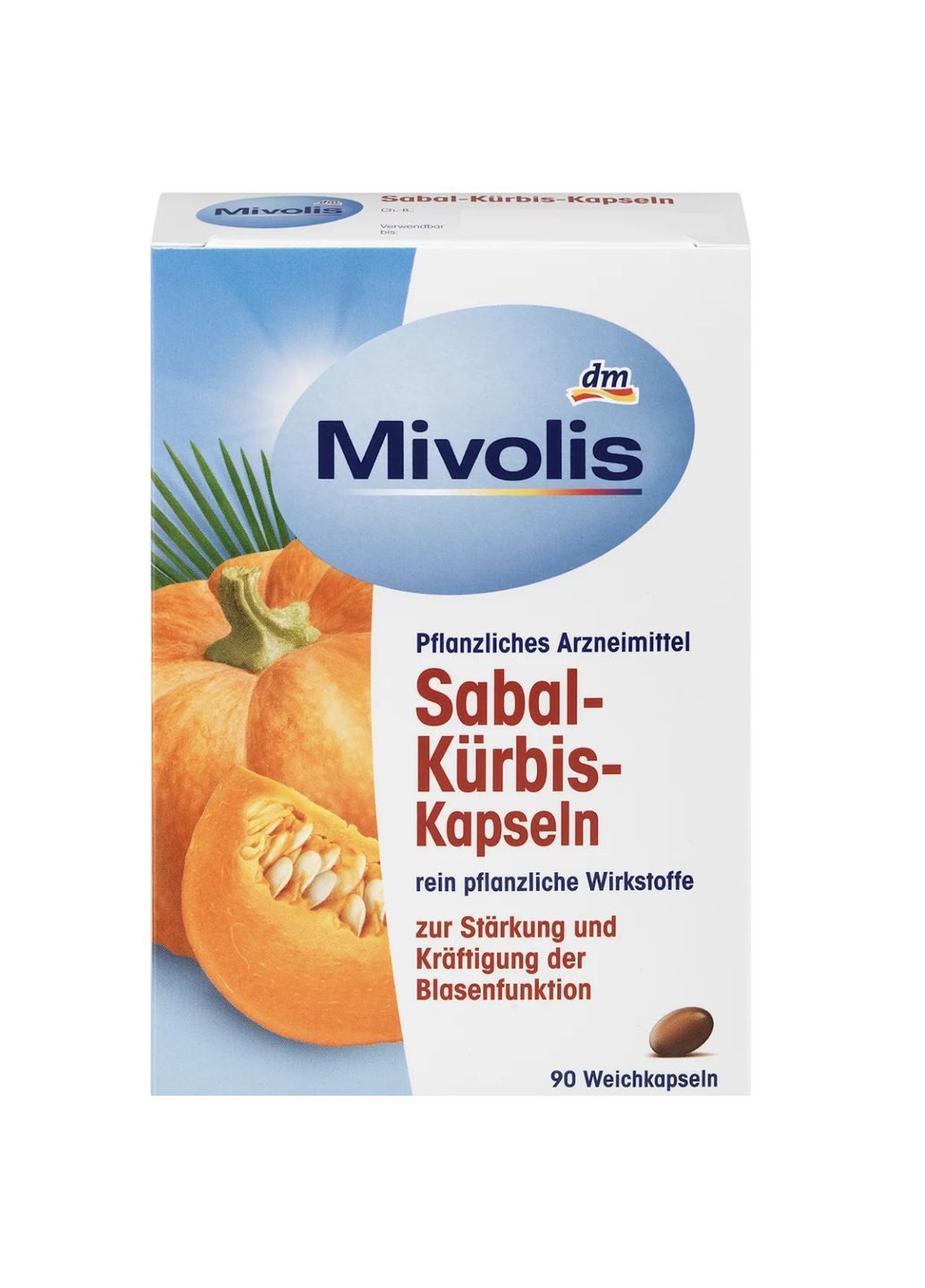 Капсули з гарбуза для зміцнення функції сечового міхура Sabal-Kürbis-Kapseln 90 шт Mivolis (366569622)