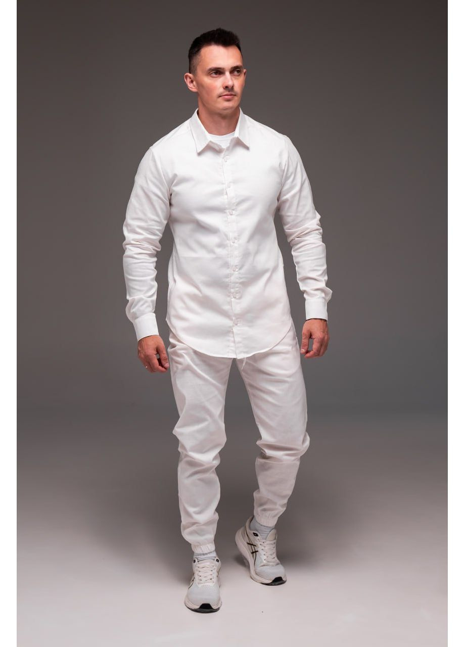Молочний демісезонний стильний чоловічий костюм з натурального льону з сорочкою, брючний Vakko