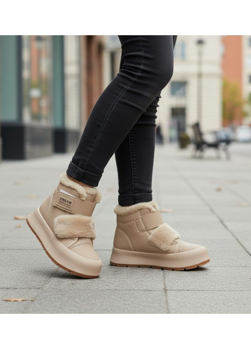 Бежевые зимние ботинки на липучках дутики на овчине утепленные хайтопы на зиму для девочки подростка Tom.M на липучке