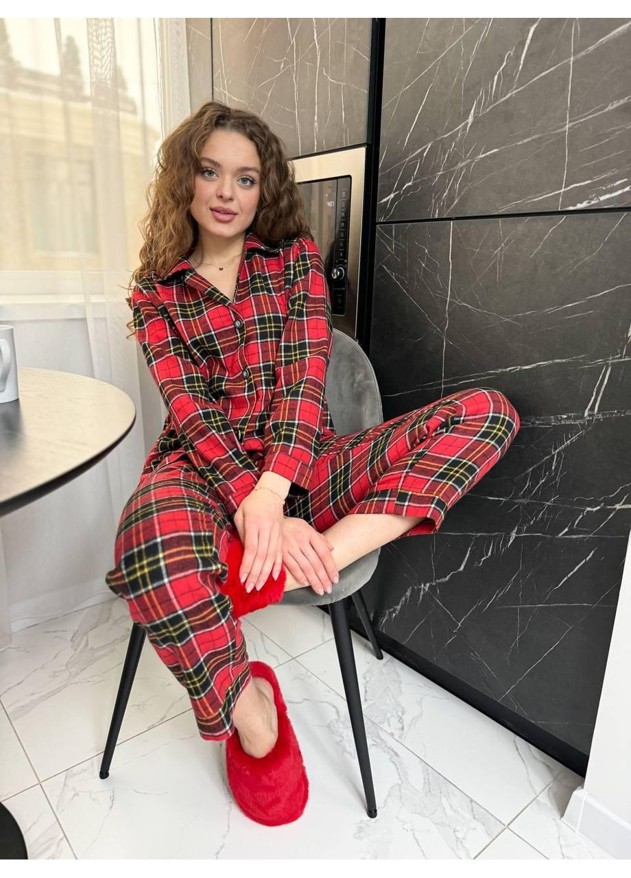 Червона піжама жіноча клітка червоно-чорна фланелева / домашній костюм жіночий теплий у червону клітинку / піжама жіноча фланель червона No Brand