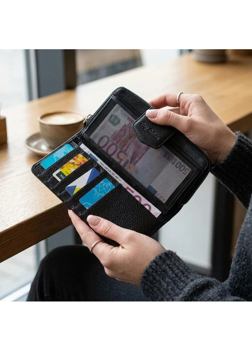 Шкіряний жіночий гаманець з блоком для карт та документів Tony Bellucci Чорний Верховинка 21955 (398291866)