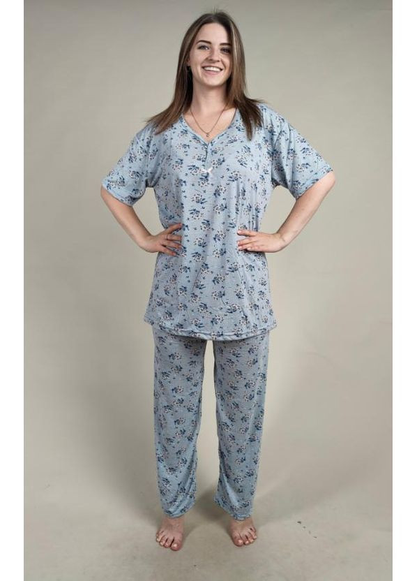 Блакитна всесезон жіноча піжама з футболкою та штанами батального розміру з квітковим принтом блакитного кольору туреччина Asma