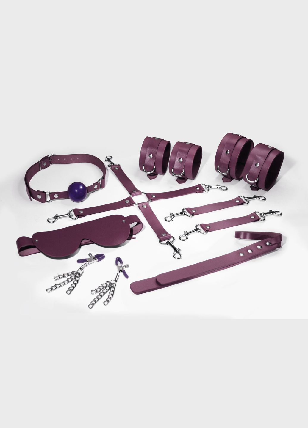 Набор BDSM Kit 7 Burgundy, наручники, поножи, коннектор, маска, падл, кляп, зажимы Feral Feelings (291439731)