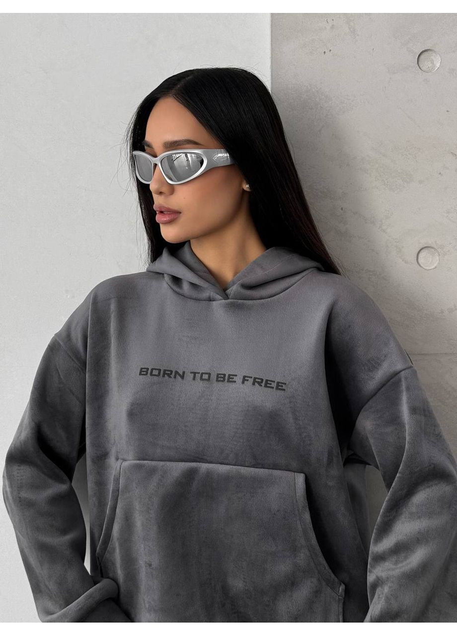 Женский теплый велюровый костюм с капюшоном графитового цвета 35699 No Brand (366420928)